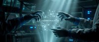 Young male hands in business attire exchanging digital data through glowing network connection in modern tech environment, representing cybersecurity, innovation, and corporate collaboration.