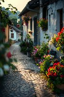 Charming narrow cobblestone street lined with colorful potted flowers and traditional houses at sunset, creating a cozy European village atmosphere.