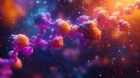 Vibrant microscopic particles floating in space with glowing orange and purple colors against dark background, creating dreamy cosmic atmosphere for science designs.