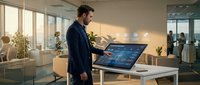 Professional businessman using interactive touchscreen display in modern office environment with colleagues collaborating in background during daytime.