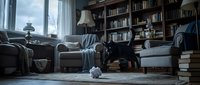 Cozy reading room with comfortable armchair, wooden bookshelves, floor lamp, and stacked books creating a peaceful retreat for literature lovers and relaxation.