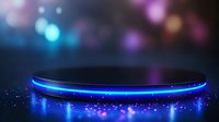 Futuristic glowing platform with blue neon light ring on dark background with bokeh effects and sparkles, creating modern technological atmosphere.