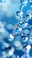 Molecular structure with water drops on blue bokeh background, crystal clear spheres connected in scientific pattern showing chemical bonds and reactions.