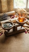 Vintage wooden balance scale with amber heart and old coins on rustic table with lavender, wheat, scrolls and dried flowers in warm natural light.