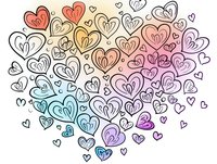 Romantic doodle hearts arranged in heart shape on white background with soft watercolor gradient effect in pastel pink, blue and purple colors. Isolated design element.
