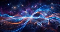 Abstract digital waves flowing over Earth against cosmic space background with stars and nebulae. Futuristic technology concept for global connectivity and data transfer.