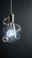 Glowing brain inside light bulb with scientific formulas and energy swirls representing innovation, creativity, intelligence and breakthrough ideas on dark background.