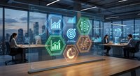 Modern office with holographic business analytics icons displaying charts, graphs and data visualization for corporate presentations and digital transformation.