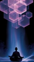 Silhouette of person meditating under glowing geometric hexagons in night sky, mystical blue light beams and pink translucent shapes create spiritual atmosphere.