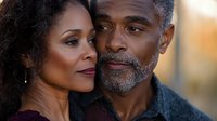Intimate portrait of mature African American couple sharing tender moment outdoors, expressing love and connection with gentle smiles and warm expressions.