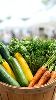 Fresh organic vegetables including zucchini, yellow squash, carrots and herbs displayed in wooden barrel at farmers market with blurred crowd background.