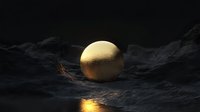 Glowing golden sphere floating above dark stormy water surface with mysterious light reflection creating dramatic atmospheric scene at night.