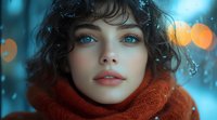 Young Caucasian woman with bright blue eyes and dark curly hair wearing orange scarf looking up dreamily against blurred winter bokeh lights in cold blue atmosphere.