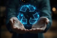 Glowing blue holographic recycling symbol floating above open palms against dark background, representing sustainability and environmental technology concept.