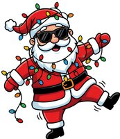 Cool dancing Santa Claus wearing sunglasses, wrapped in colorful Christmas lights, isolated on white, perfect for holiday clipart and T-shirt designs.