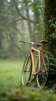 Wooden bicycle leaning against tree trunk in misty forest with green foliage and moss, outdoor recreation and nature lifestyle concept for cycling enthusiasts.