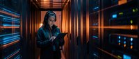 Female IT specialist working with tablet in modern server room with glowing orange lights and network equipment for technology and data center concepts.