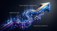 Digital transformation concept with glowing circuit pathways forming upward arrow showing business growth and data analytics success on dark background.