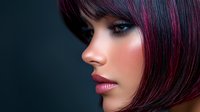 Young Asian woman with black and pink highlighted bob hairstyle, dramatic makeup, and glossy pink lips in profile view against dark background. Professional beauty portrait.
