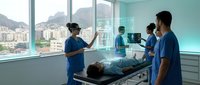 Medical team of diverse healthcare professionals in blue scrubs examining patient with digital holographic technology in modern hospital room with city view.