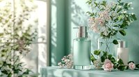 Elegant cosmetic bottle display with delicate pink flowers and soft window light on mint green background, creating serene spa atmosphere for beauty product photography.