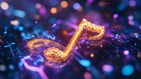 Glowing golden musical note with sparkles floating over dark background with blue and purple bokeh lights creating magical atmosphere for music events.