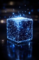 Glowing blue cube filled with magical sparkles and light particles on dark background with reflection, creating ethereal technological atmosphere.