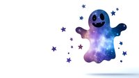 Playful ghost silhouette with cosmic galaxy pattern inside, surrounded by purple and blue stars on white background, ready for Halloween designs.
