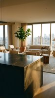 Modern luxury apartment interior with marble kitchen island, curved sofa and city skyline view through floor-to-ceiling windows for contemporary home design.