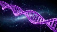 Purple DNA double helix structure floating in cosmic space with stars and nebula background for scientific research and biotechnology concepts.