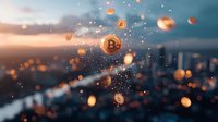 Golden bitcoin symbols floating against blurred urban sunset skyline with glowing bokeh particles, representing digital cryptocurrency and financial technology future.