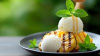 Grilled peach dessert with vanilla ice cream scoops, caramel drizzle and fresh mint leaves on dark plate against blurred green garden background.