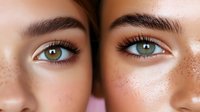 Close up view of green eyes with long eyelashes and natural freckles on light skin against pink background, showing beauty and natural makeup details.