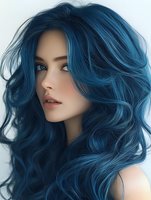 Young Asian woman with vibrant blue wavy hair and natural makeup looking away dramatically against light background, showcasing modern hair coloring trends.
