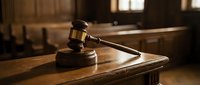 Wooden gavel resting on judge bench in courtroom with warm lighting. Legal symbol for justice, law, court proceedings, and judicial decisions.