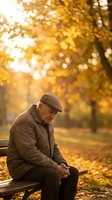 Elderly Caucasian man in flat cap sitting alone on park bench during golden autumn afternoon with warm sunlight filtering through colorful fall foliage.