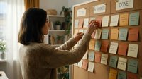 Woman with long dark hair wearing beige sweater organizing colorful sticky notes on cork board for project planning and task management workflow.