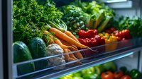 Fresh organic vegetables and fruits in refrigerator drawer. Carrots, tomatoes, cucumbers and bell peppers arranged neatly for healthy eating and storage.