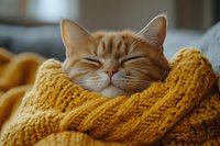 Ginger tabby cat nestled in cozy yellow knit sweater, eyes closed in contentment, perfect for lifestyle and pet-related design projects.