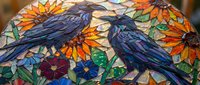 Two black ravens perched among vibrant stained glass sunflowers and colorful floral mosaic pattern for decorative art and craft projects.