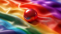 A glossy red sphere rests on a vibrant, flowing rainbow gradient surface with smooth waves of orange, yellow, green, blue, and purple light. Use for backgrounds, design projects, and digital art.