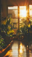 Warm sunlight streaming through window blinds illuminates indoor tropical plants creating dramatic shadows on wooden floor in cozy home interior setting.