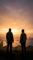 Two men standing on hillside overlooking solar panels at sunset, representing renewable energy, sustainability, and future technology investment opportunities for business and environmental concepts.