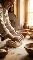 Senior male baker kneading fresh bread dough on wooden table in warm sunlit kitchen with flour dust and ceramic bowls for artisan baking and cooking concepts.