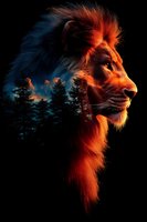 Majestic lion profile with forest silhouette double exposure effect, illuminated by dramatic orange sunset light against dark background, creating mystical atmosphere.