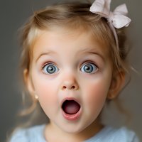 Young Caucasian girl with bright blue eyes and blonde hair wearing hair bow shows genuine surprise expression, mouth open in astonishment against blurred background.