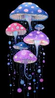 Magical mushrooms in pink, purple and blue colors with glowing orbs and sparkles on black background, fantasy forest illustration for fairy tale designs and mystical artwork.