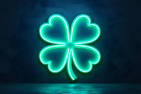Glowing neon green four leaf clover shape against dark background with reflection on surface, lucky charm symbol for St Patrick's Day celebrations.