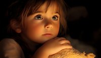 Young girl with expressive eyes gazing upward in warm dramatic lighting, creating emotional atmosphere. Close-up portrait showing innocence and wonder.