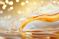 Dynamic liquid splash with golden amber fluid creating elegant wave motion against soft bokeh background, capturing flowing movement and light reflections.